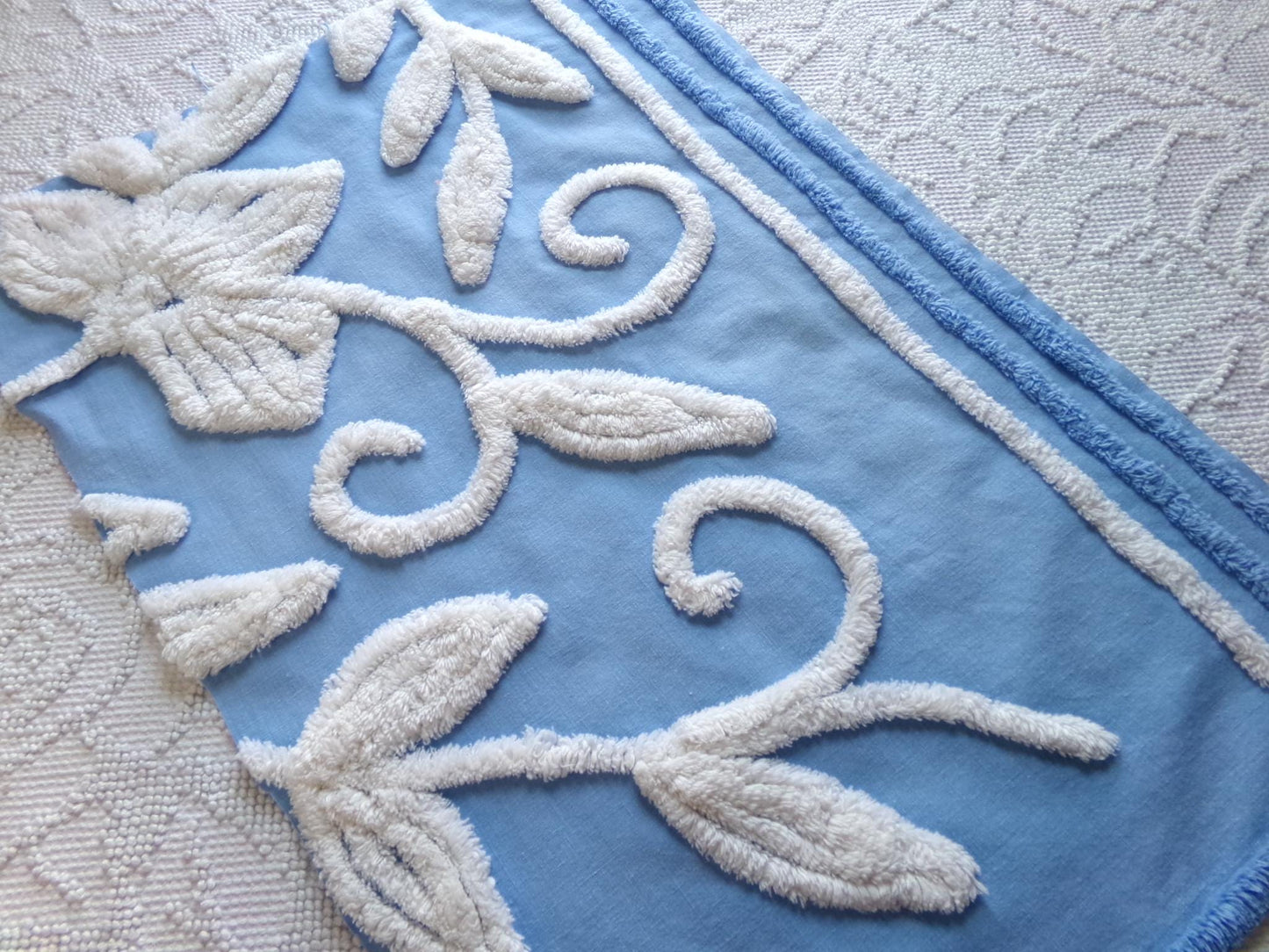 botanical white lily vintage chenille fabric, soothing blue 15" x 22" piece of sewing material for quilting and crafts