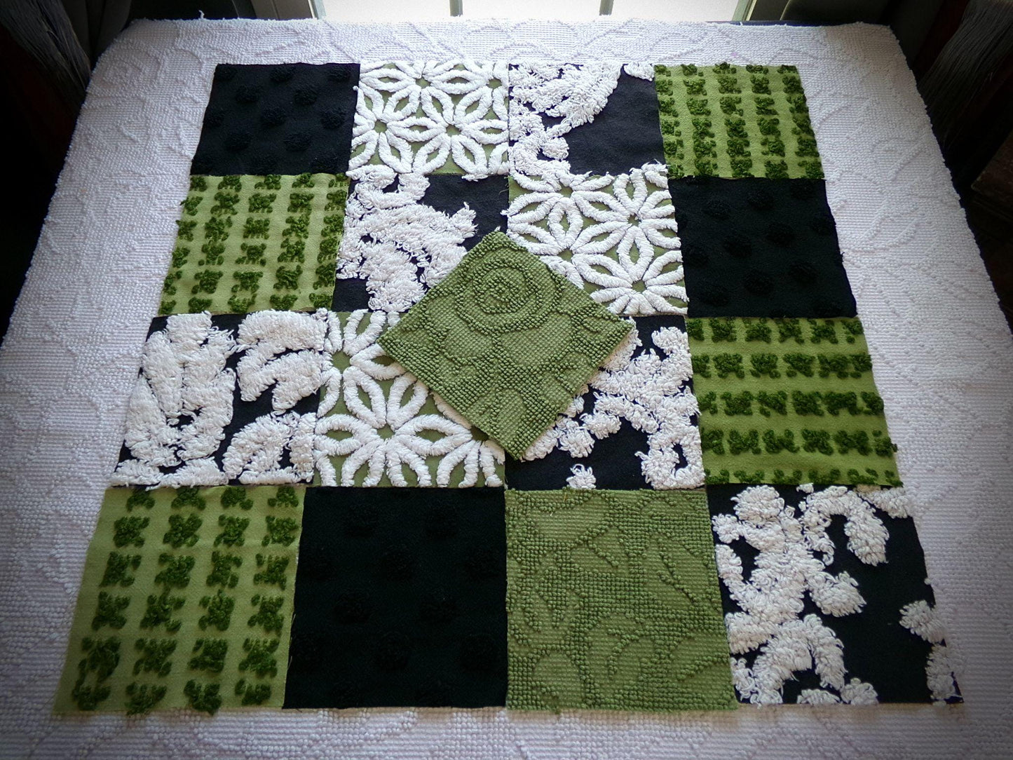 goblin green & black chenille fabric squares, set of 17 vintage boho quilt blocks for hippie style pillows, fiber arts