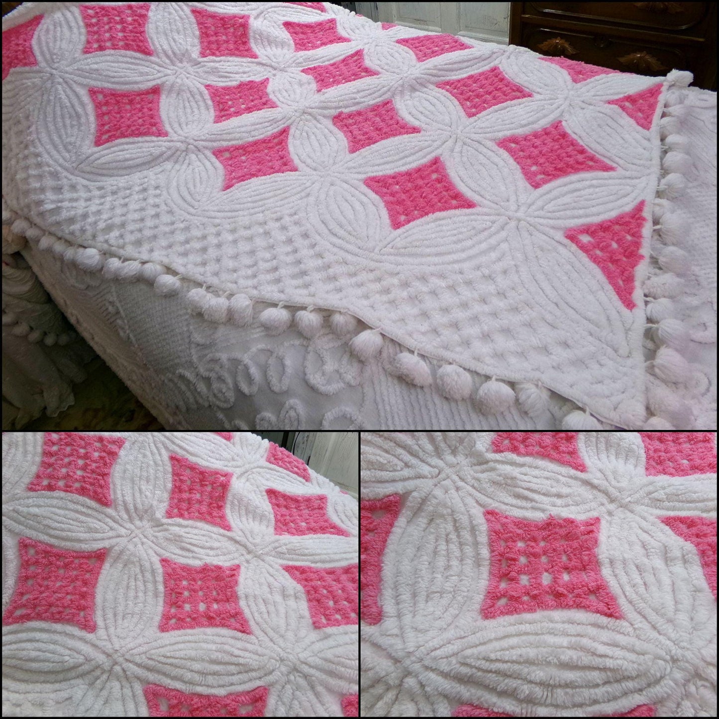 dreamy pink & white vintage chenille bedspread, waffle tufts in swirl flower petal design, pom pom trim, 100% plush cotton full size bedding