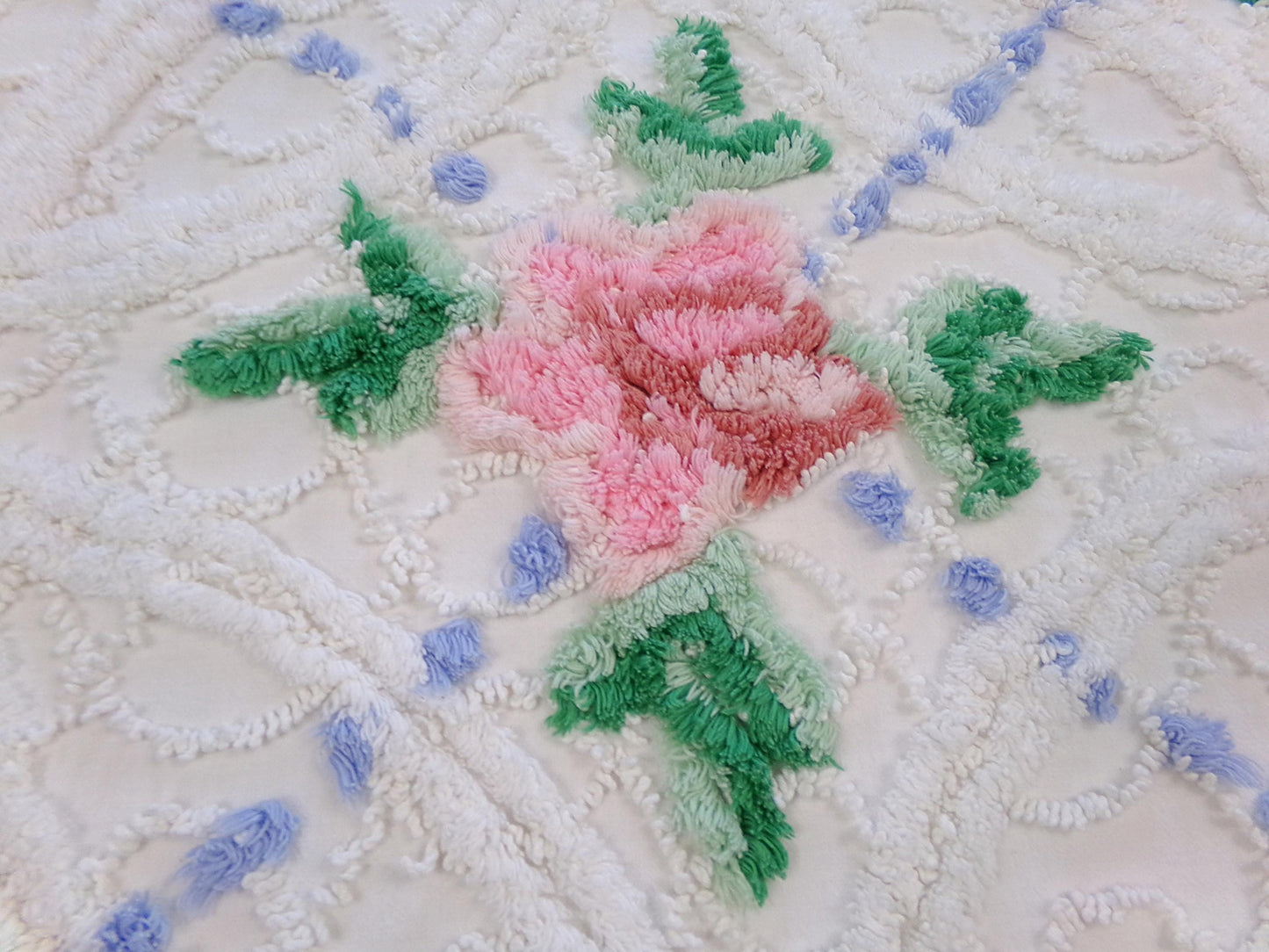rose cottage vintage chenille fabric, floral design on white, 19" x 25" cut piece for arts & crafts