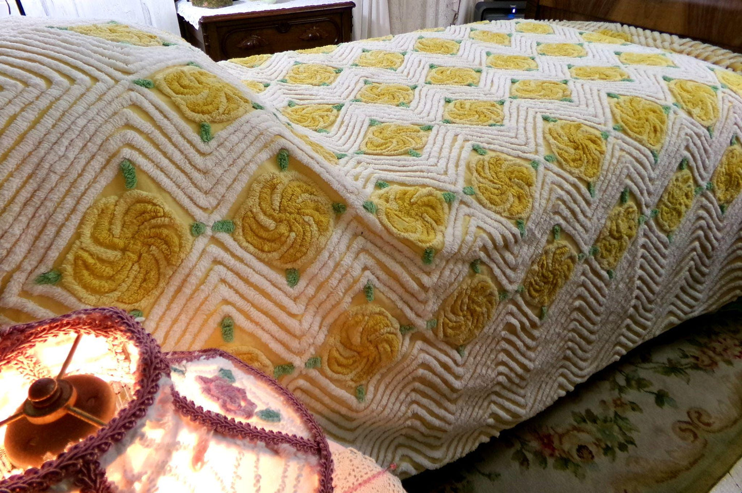 golden rose vintage chenille bedspread, plush pinwheel yellow cabbage rose design, full size cotton bedding