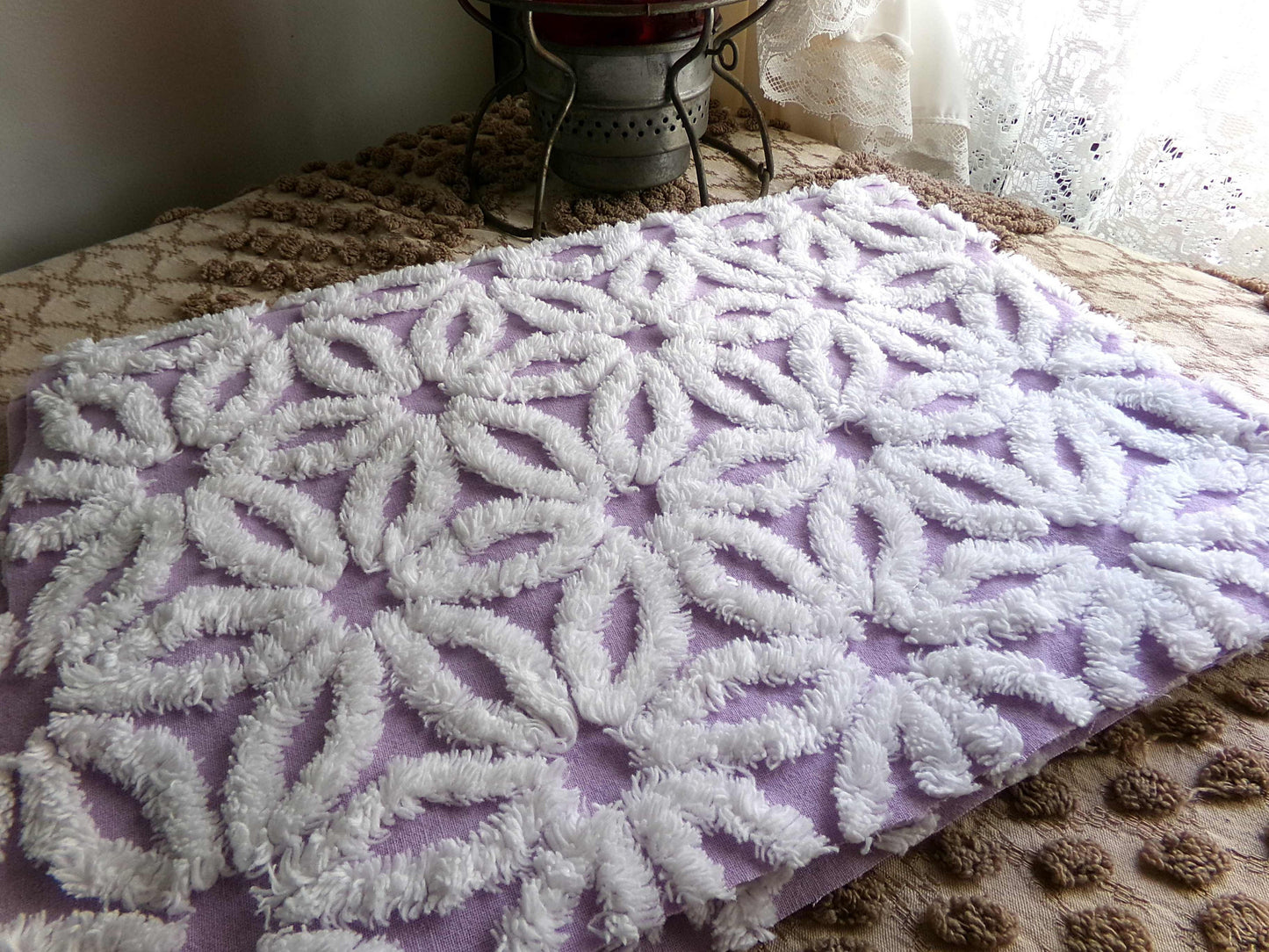 Spring Lavender Vintage Chenille Fabric in Lilac Purple & Fluffy White Daisy, 19" x 25" inch Piece, Lovely in Quilts