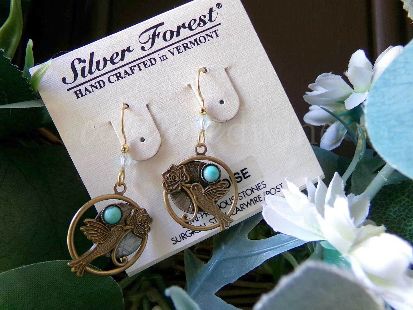 Hummingbird Rose Pierced Dangle Earrings, Turquoise Accent Vintage Style Silver Forest Vermont Boho Design