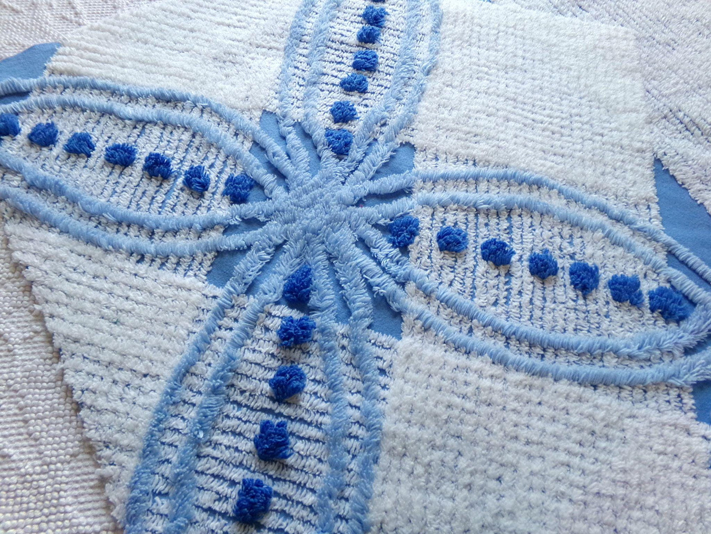 mystic coastal blue & white vintage chenille fabric, starburst geometric pattern, 22" x 23" inch piece of unique cotton sewing material