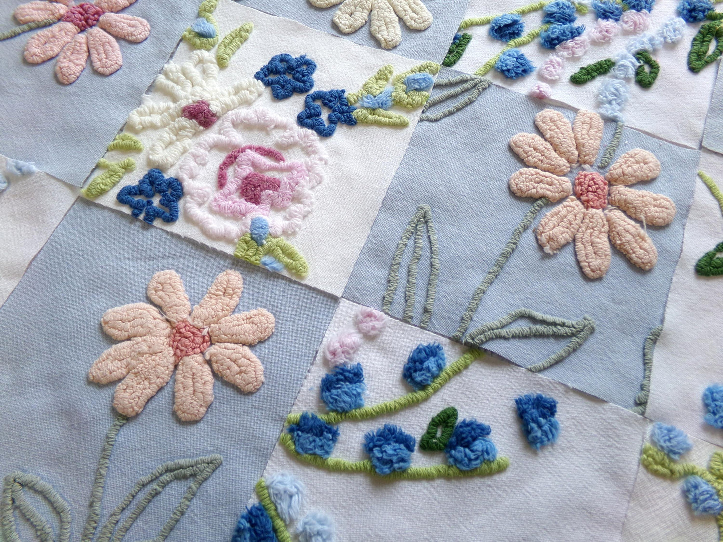 vintage chenille fabric squares, "barefoot in the meadow" set of 16 floral 6" quilt blocks in sky blue daisy, lupine flowers & roses