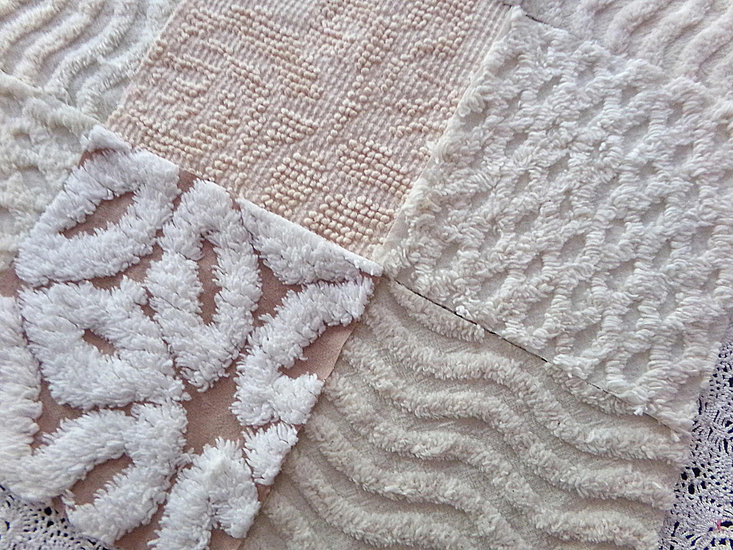 Creamy Neutrals Texturized Trendy Fabric Squares Set, Rotary Cut from Vintage Chenille Bedspread Fabric, 16 Blocks, 6" x 6" inch each