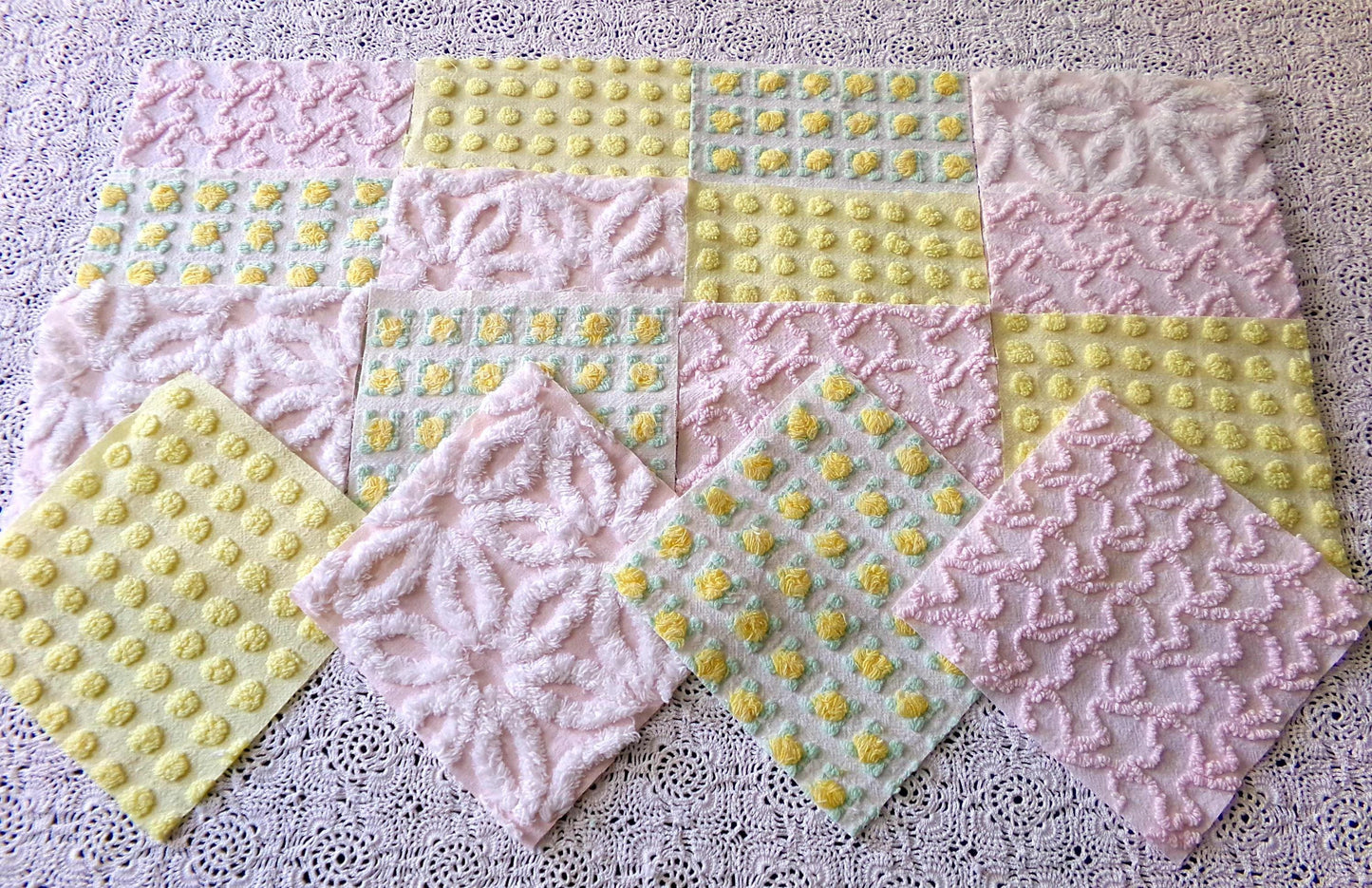 Spring Dance Chenille Quilt Squares, Cheerful Craft Square Set from Vintage Bedspread Fabric, 16 Blocks, 6" x 6" inch, Pink & Yellow
