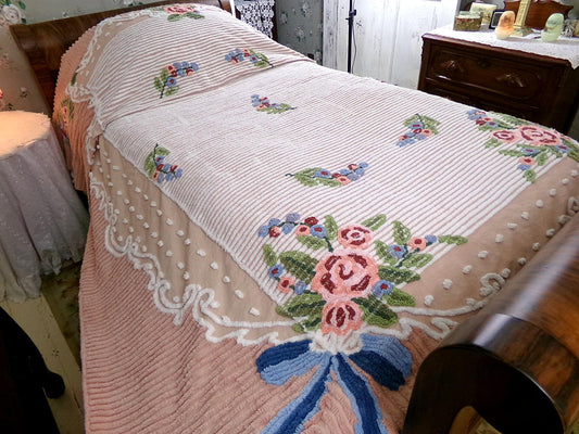 shabby chic vintage chenille bedspread, beautiful peach rose summer floral coverlet, twin size cotton bedding