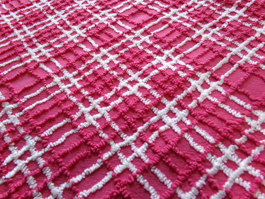 fabulous vintage chenille fabric, vivid pink & white plaid design 20" x 24" cut piece, upcycle into quilts, fiber arts, crafts