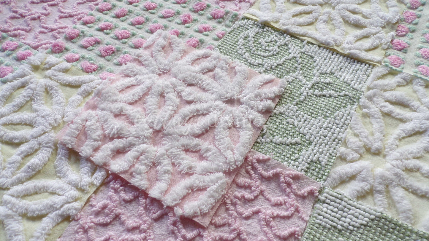 Fresh Flowers Chenille Quilt Squares Set from Vintage Bedspread Fabric, 17 Blocks, 6" x 6" inch