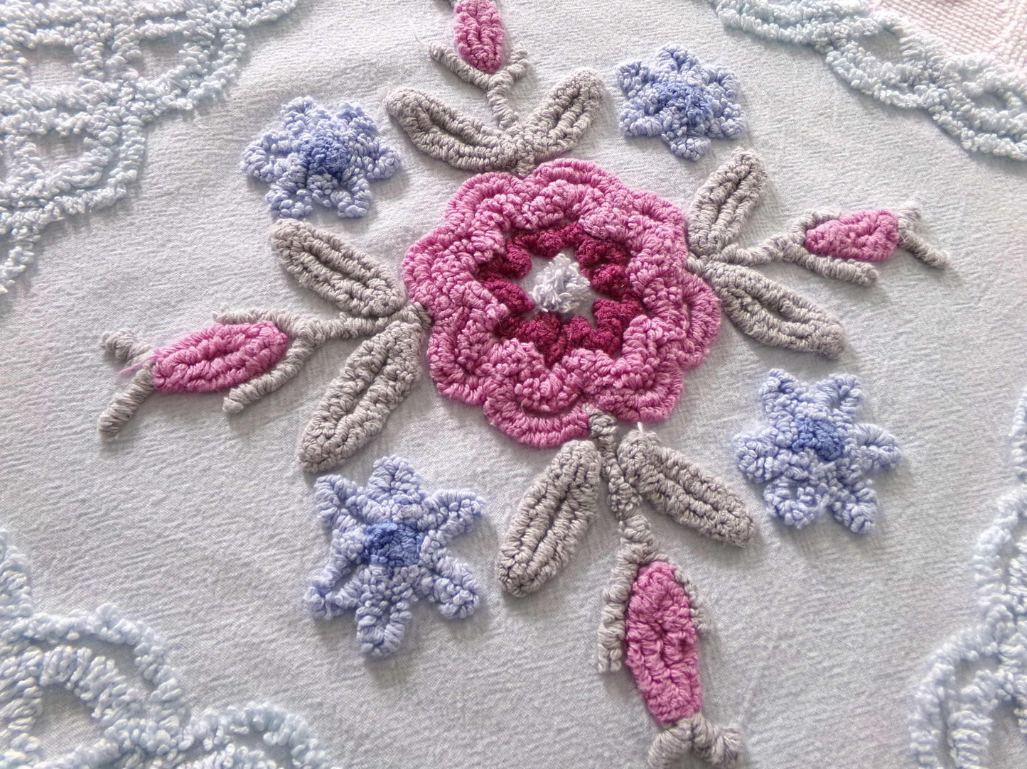exquisite floral bloom chenille fabric, so pretty for pillow cover, 16" x 20.5" needletuft piece in ice blue with mauve pink flowers