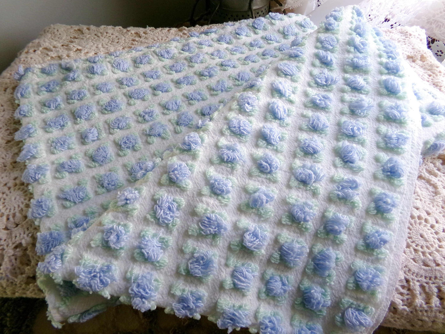 Heavenly Blue Rosebud Vintage Chenille Fabric, Morgan Jones Rose Design, 24" x 18" inch Piece, Angelic Raised Roses on White