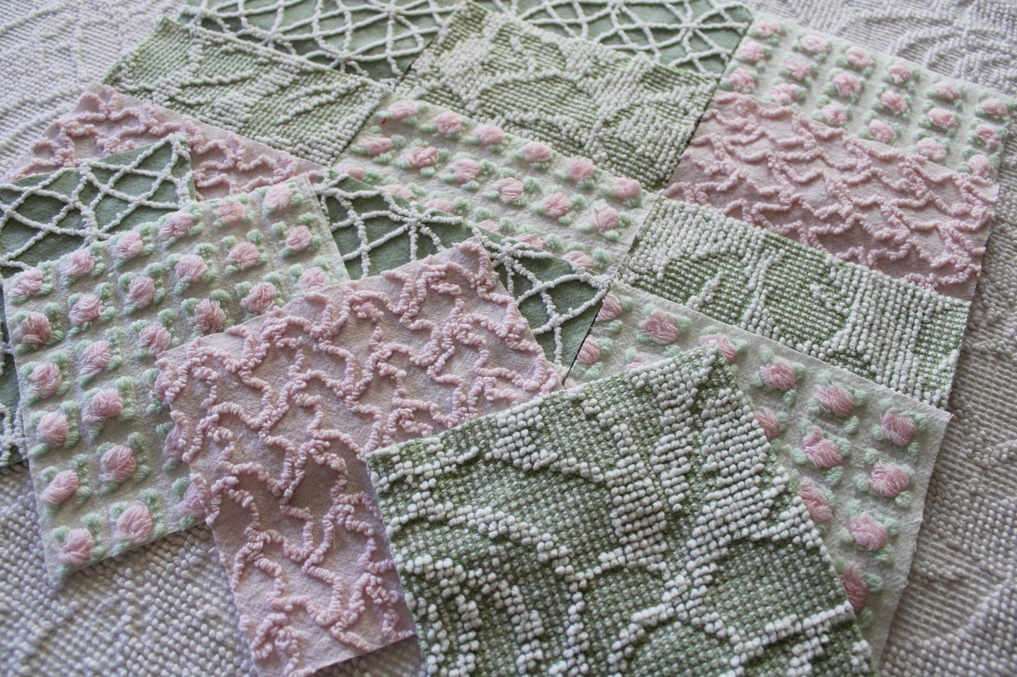 rosy romance chenille fabric squares, set of 16 vintage quilt blocks 6" inches ea, squiggle, hobnail, rosebud texture in jade & pink rose