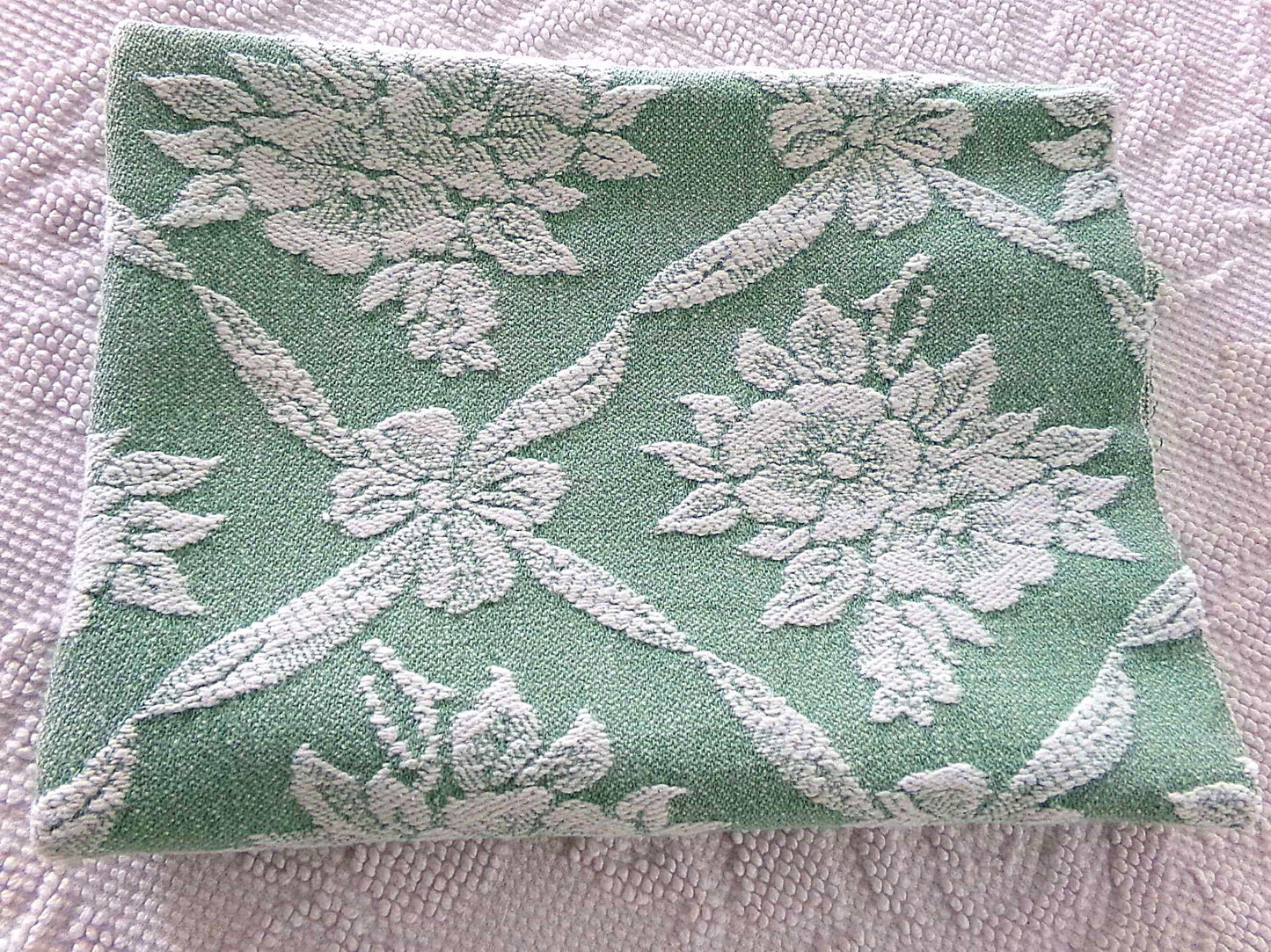 shabby cottage jade rose woven fabric, reversible sewing material from vintage bates bedspread, 20" x 30" piece for pillows, quilting