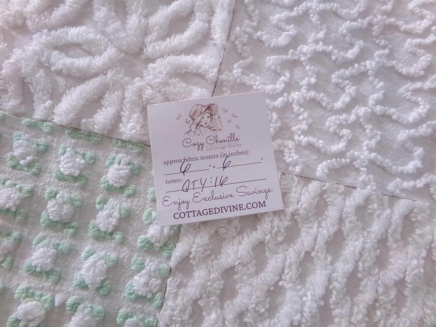 winter rose chenille fabric squares, white rosebud, daisy & geometric mix, vintage craft square set of 16 quilt blocks, 6" x 6" inch
