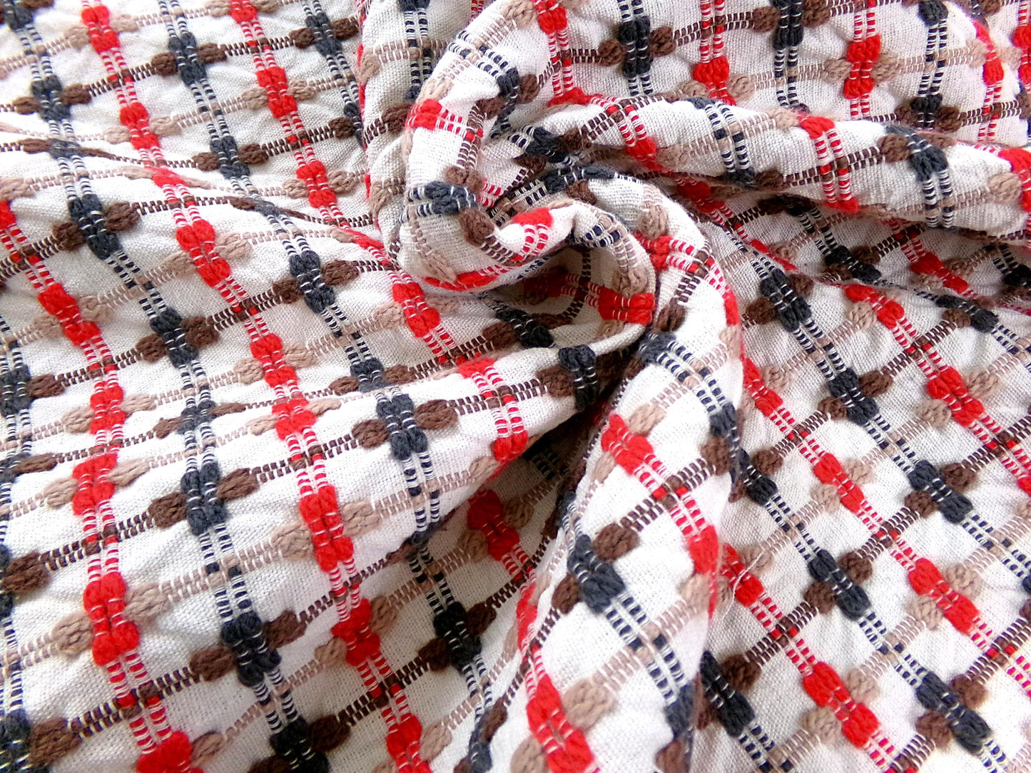 little bow tie vintage woven fabric w/ intersecting chenille cross ties in red, charcoal, mocha & brown, 20" x 24" cut piece sewing material