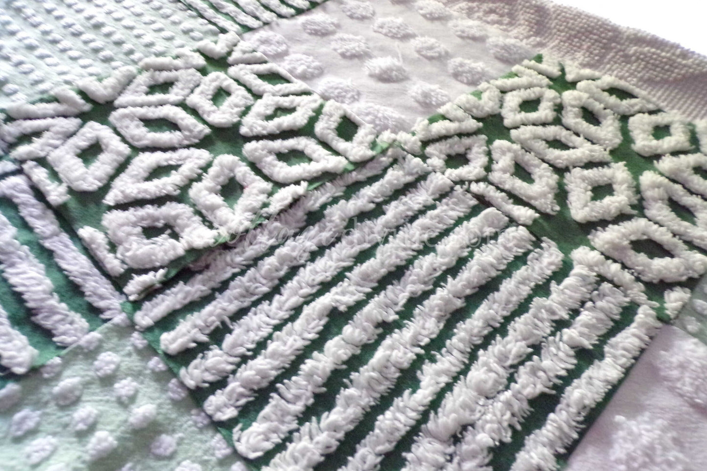 Lucky Star Quilt Squares Set, Rotary Cut from Vintage Chenille Bedspread Fabric, 16 Blocks, 6" x 6" inch, Green & White