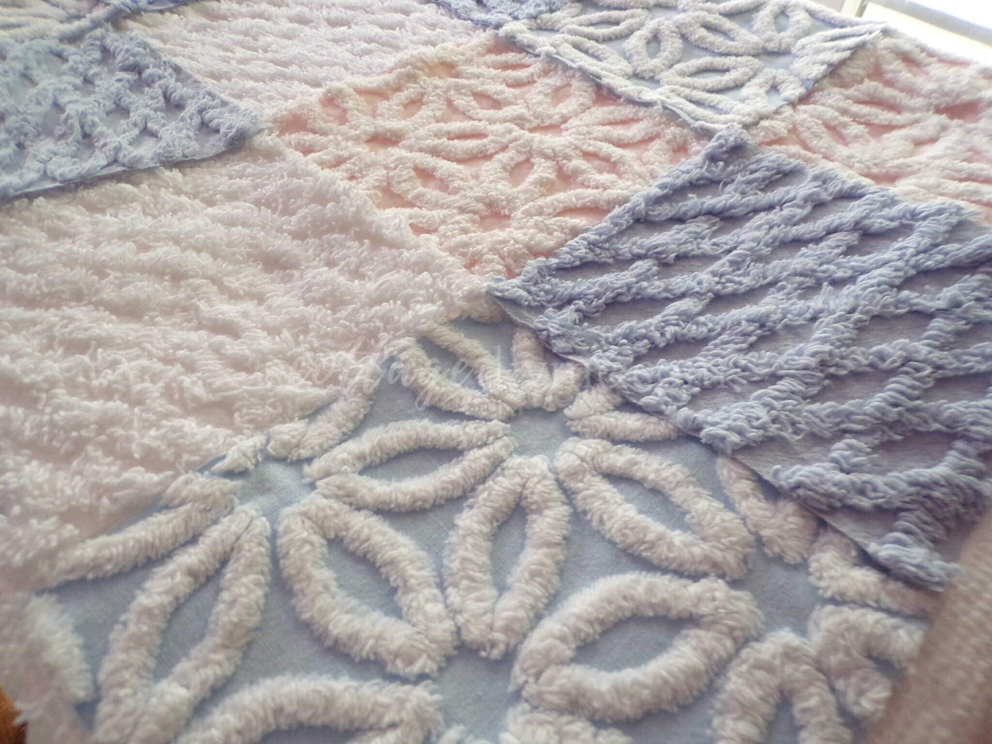 Fluffy Soft 6" Chenille Fabric Squares, Set of 16 Quilt Blocks, Pink, Blue & White Daisy Designs Cut from Vintage Chenille Bedspreads