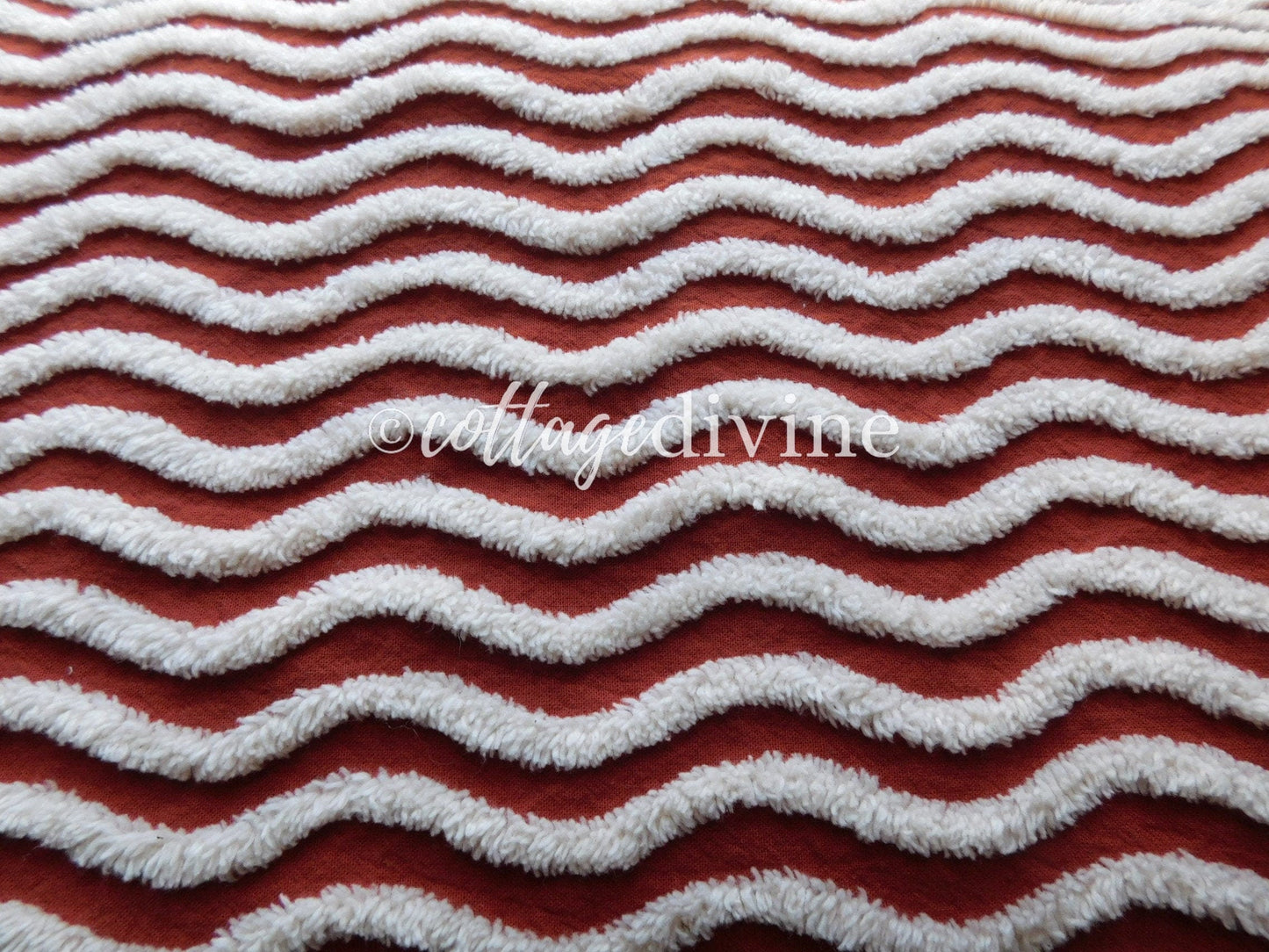 Rich Rust & White Ripple Stripes Vintage Chenille Fabric, 18" x 24" inch Piece, Great for Boho Quilts, DIY Pillows, Junk Journals