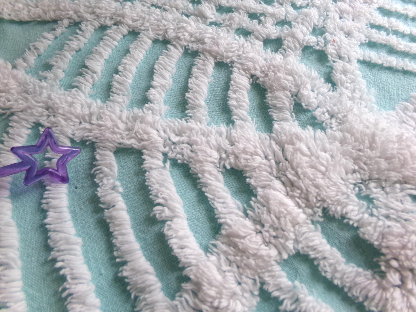 popular coastal aqua & white vintage chenille fabric, geometric chenille tufts, 20"x 25" inch piece of quilt sewing material