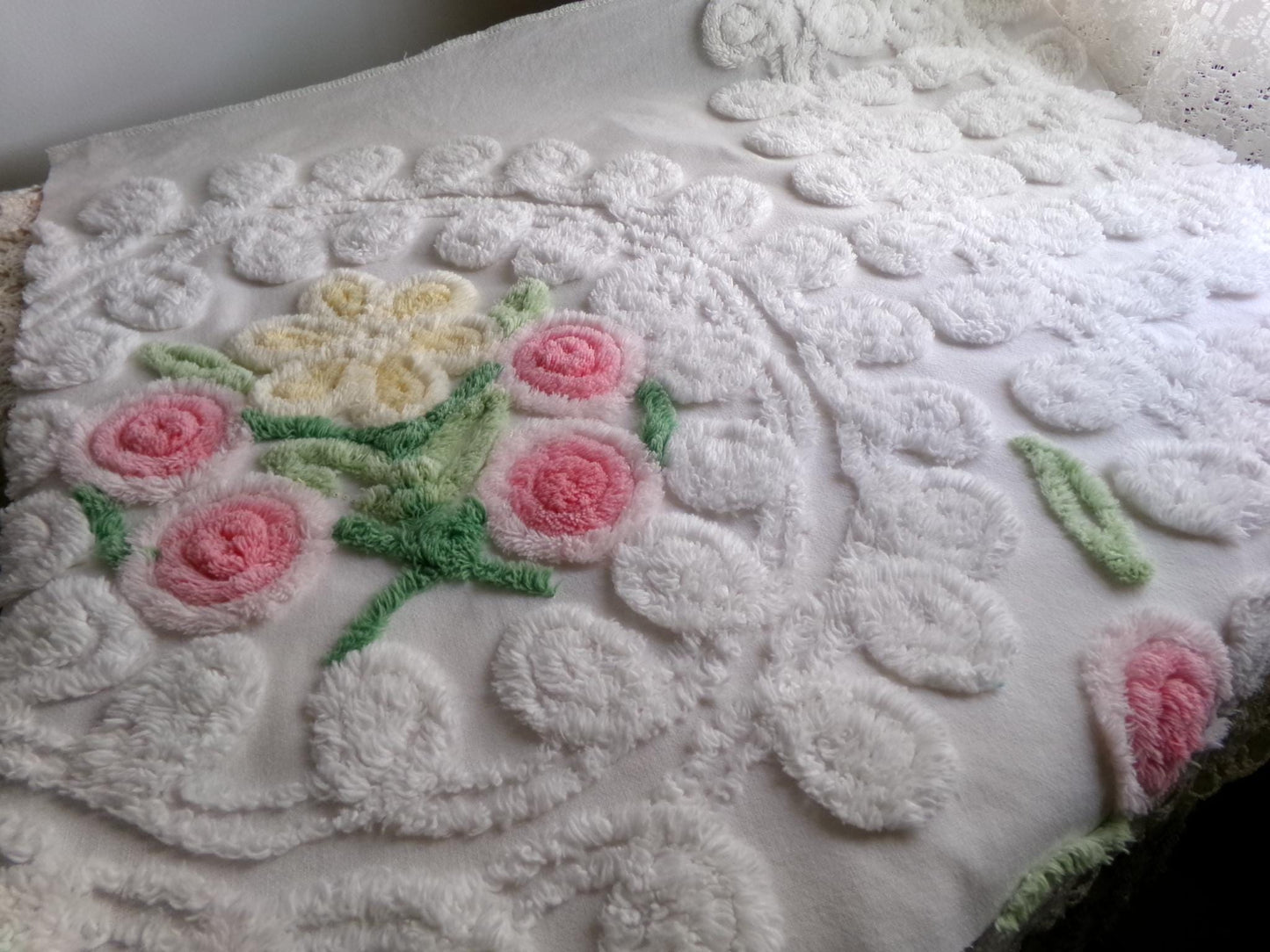 bridal cake vintage chenille fabric, lovely sculpted white curlicues & rosette florals, 20" x 23" inch piece of cotton sewing material