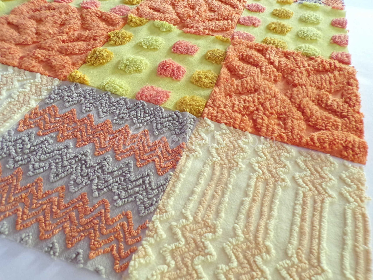Quilt Squares Set, "Wild Lightning Zaps" from Vintage Chenille Bedspread Fabric, 16 Blocks, 6" x 6" inch