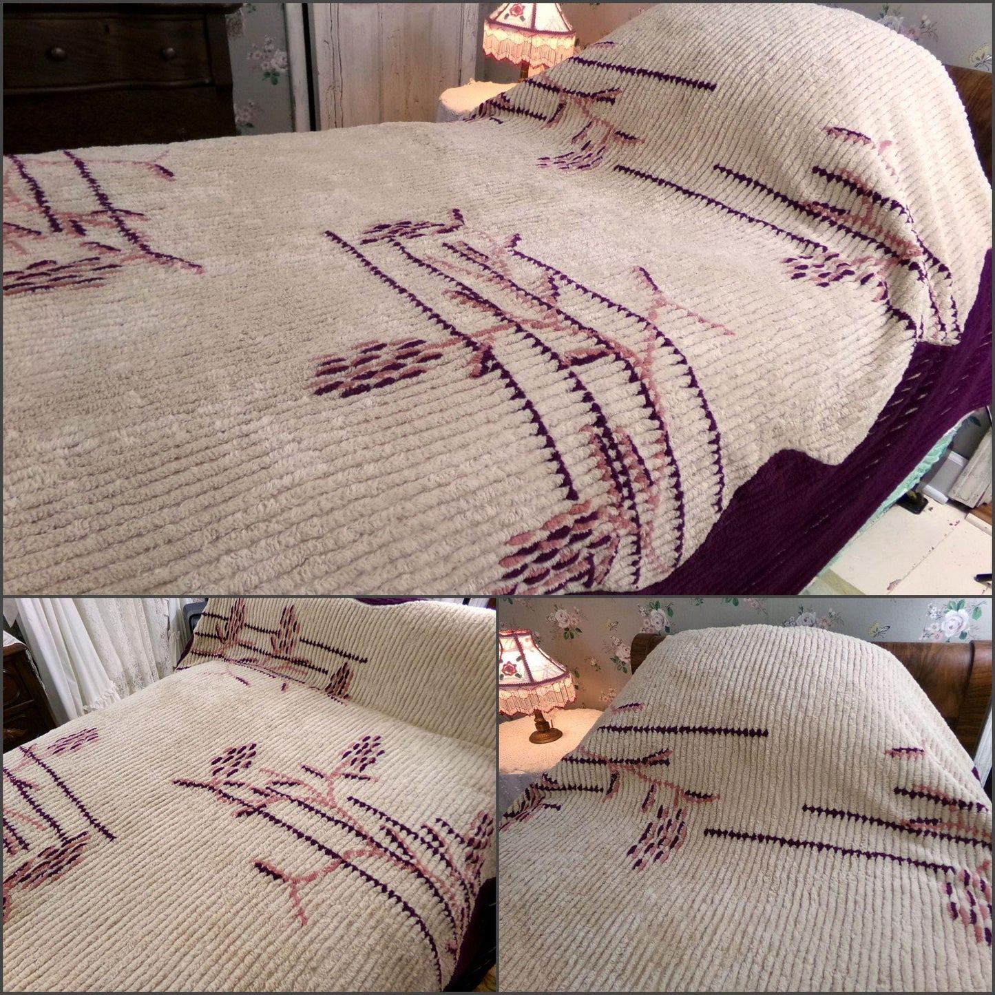 Shabby Cattails Vintage Chenille Bedspread in Art Deco Design, Honey Beige & Wine Twin Size Antique Bedding, #2