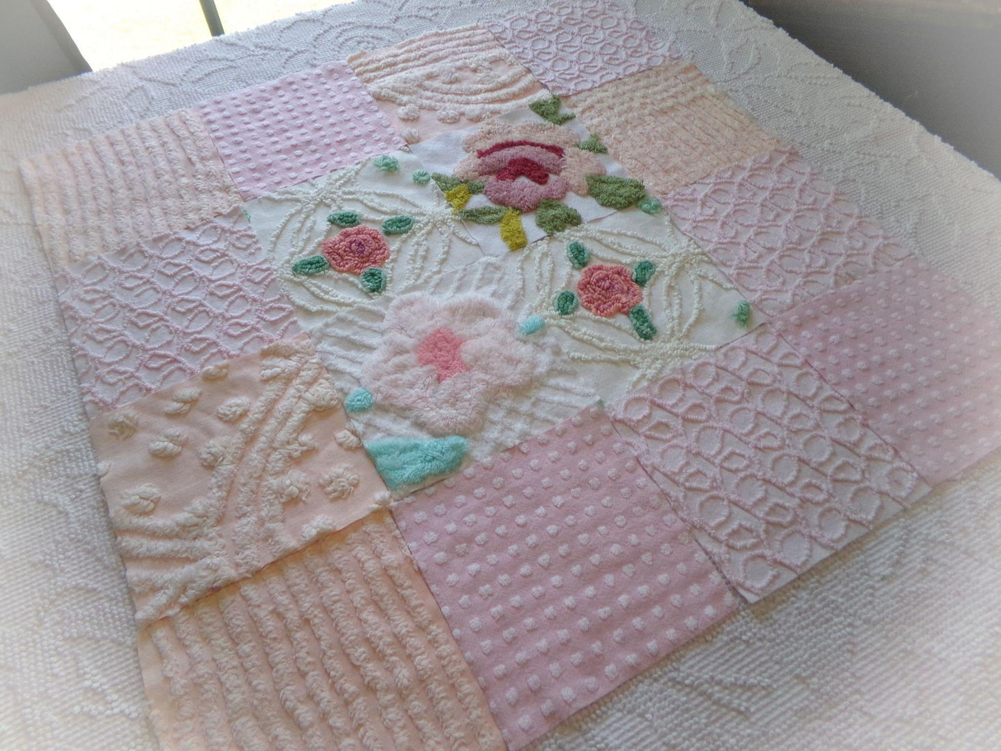 fairy flowers chenille fabric squares, set of 16 vintage craft quilt blocks 6" inches ea, soft pink, peach & floral
