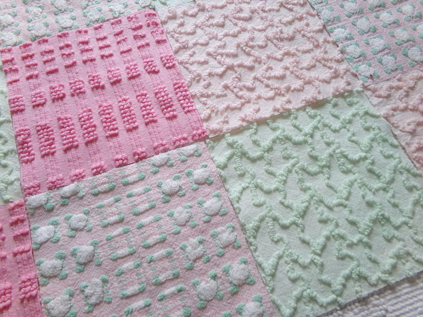 phantom rose 6" chenille squares, green, pink, white rosebud, set of 16 quilt blocks rotary cut from vintage chenille bedspread fabrics