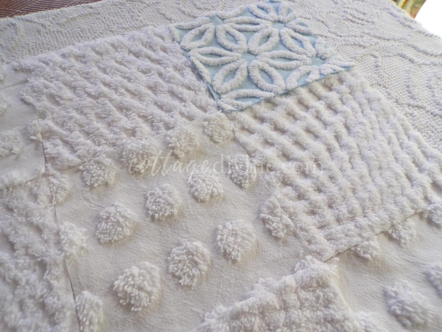 Coastal Chic Chenille Quilt Squares Set from Vintage Bedspread Fabric, 16 Blocks, 6" x 6" inch