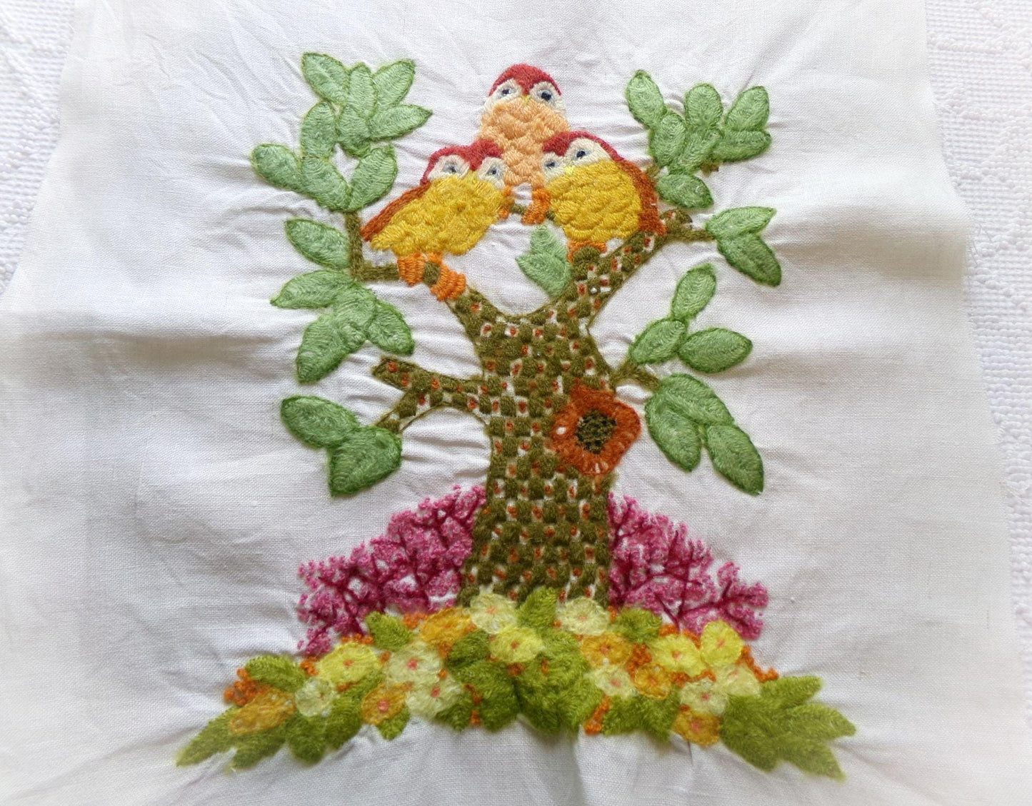 Hippie Fairytale Owl Embroidery Finished 1970s Piece, "Winkin, Blinkin & Nod," Cute Completed Paragon Crewel Stitchery 02236x, 16" x 19"
