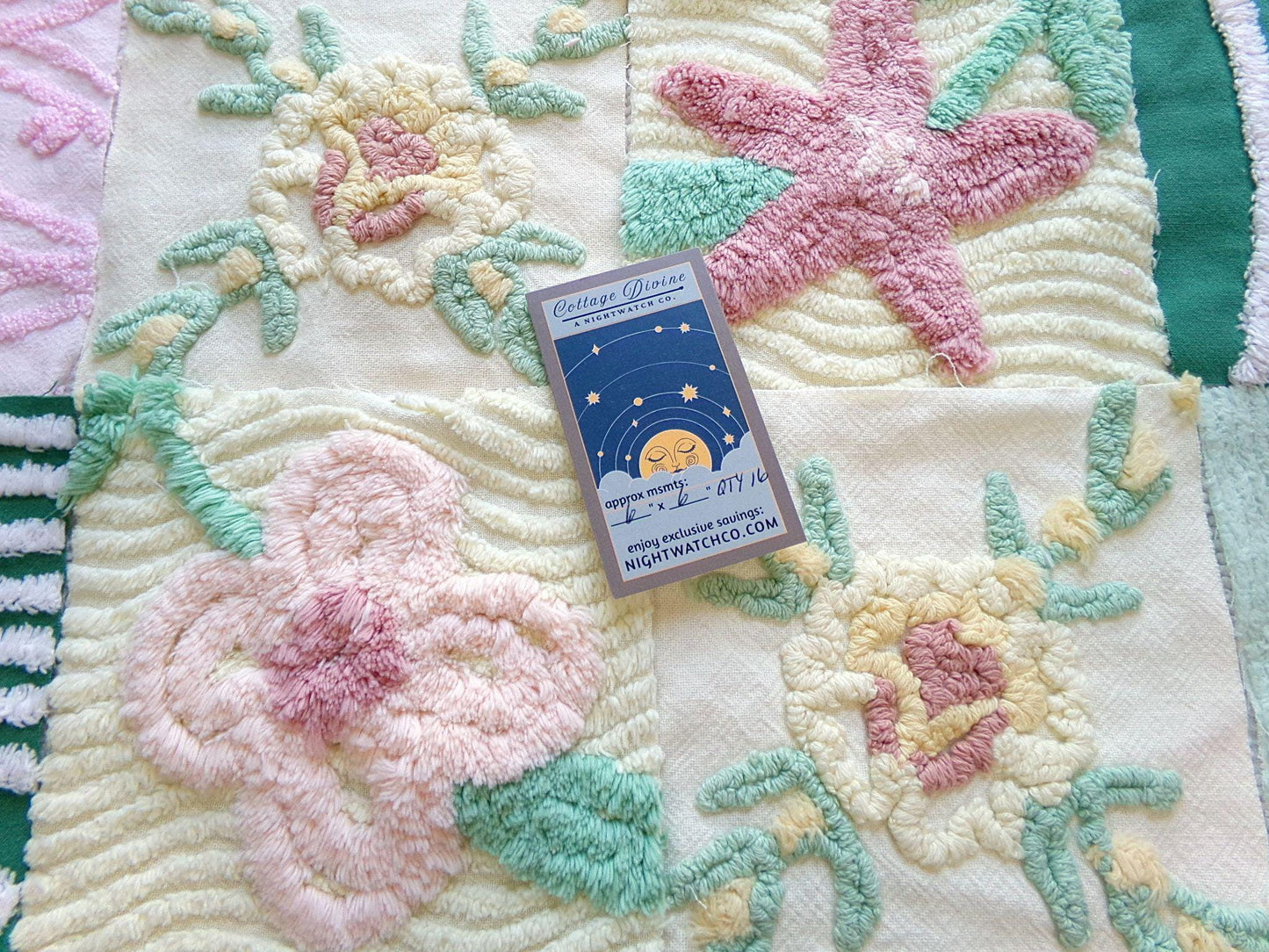 enchanted forest chenille fabric squares, set of 16 vintage craft quilt blocks 6" inches ea, yellow, green, pink & floral patterns