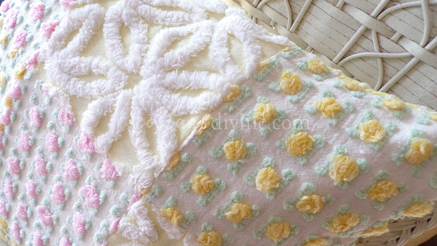 Daisy Rose Romantic Cottage Chenille Pillow Cover 16" x 16" inch Square, REVERSIBLE Accent Pillow, Vintage Shabby Patchwork Design
