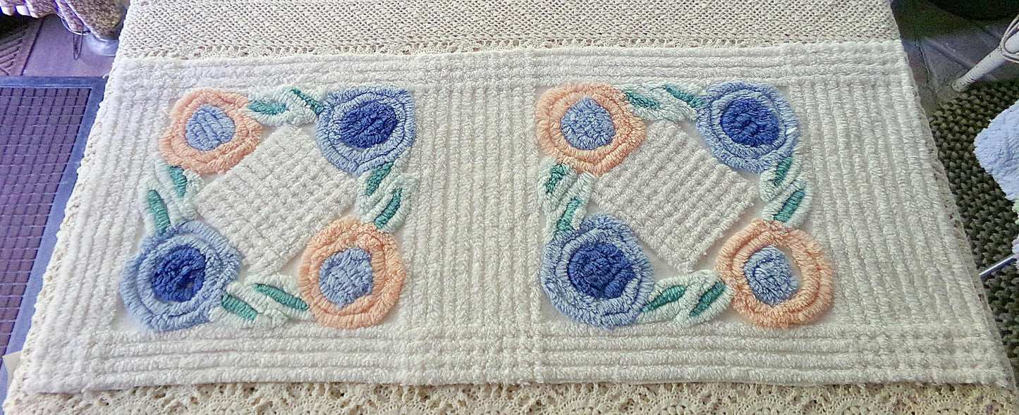 Pretty Vintage Chenille Fabric in Two Tone Blue & Iced Peach Roses on White, 13" x 30" inch Piece, Ideal for DIY Pillow Covers