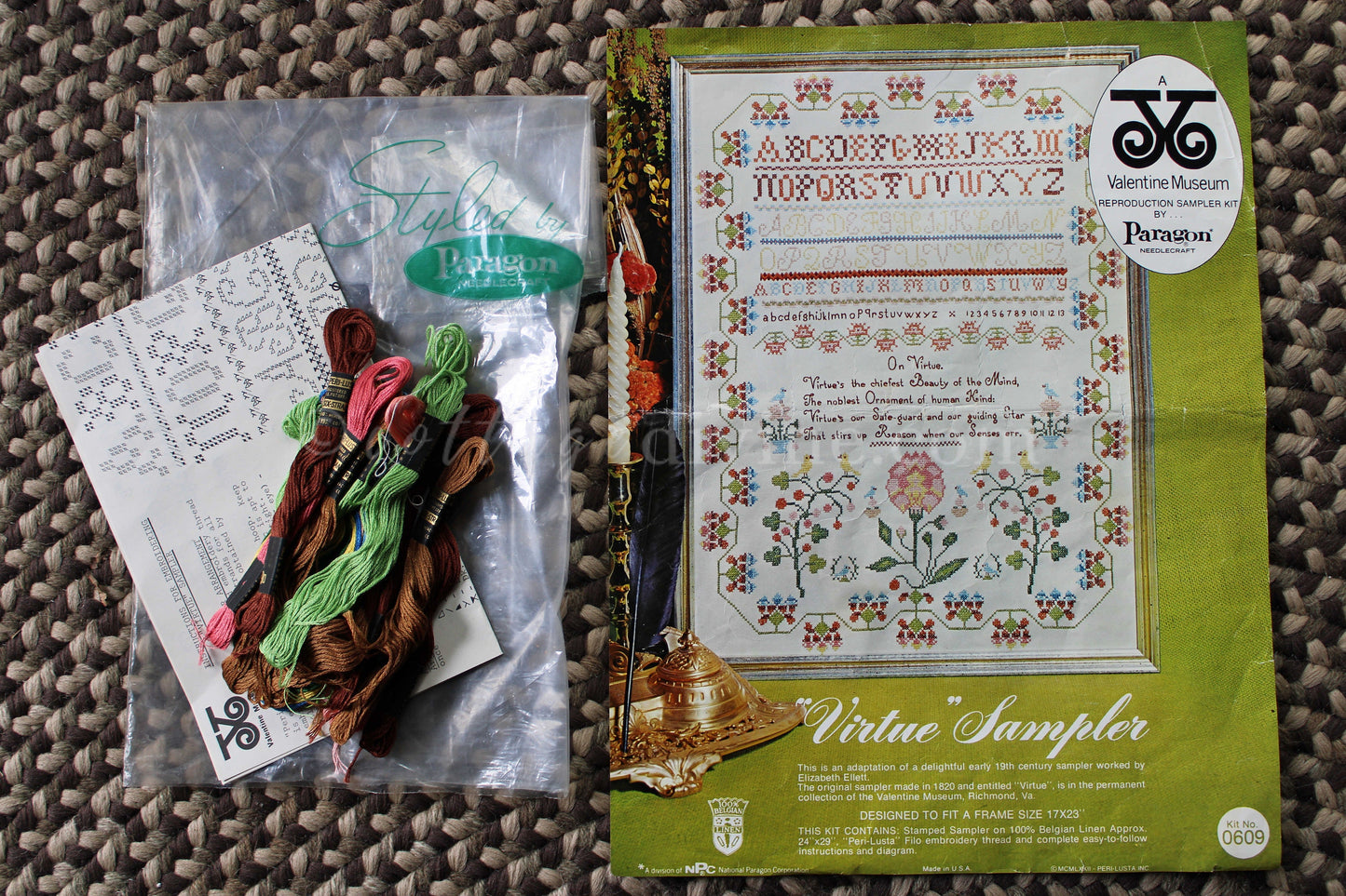 Rare VIRTUE Embroidery Sampler, Paragon Needlecraft Valentine Museum Reproduction, Vintage Cross Stitch Stitchery Kit # 0609, Belgian Linen