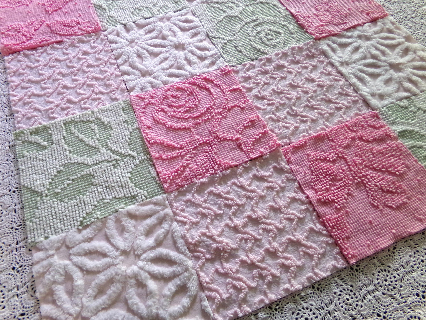 Flower Lady Vintage Chenille Squares, 16 Quilt Blocks, 6" inch in Sage Green, Petal Pink & Rose, from Chenille Bedspread Fabrics