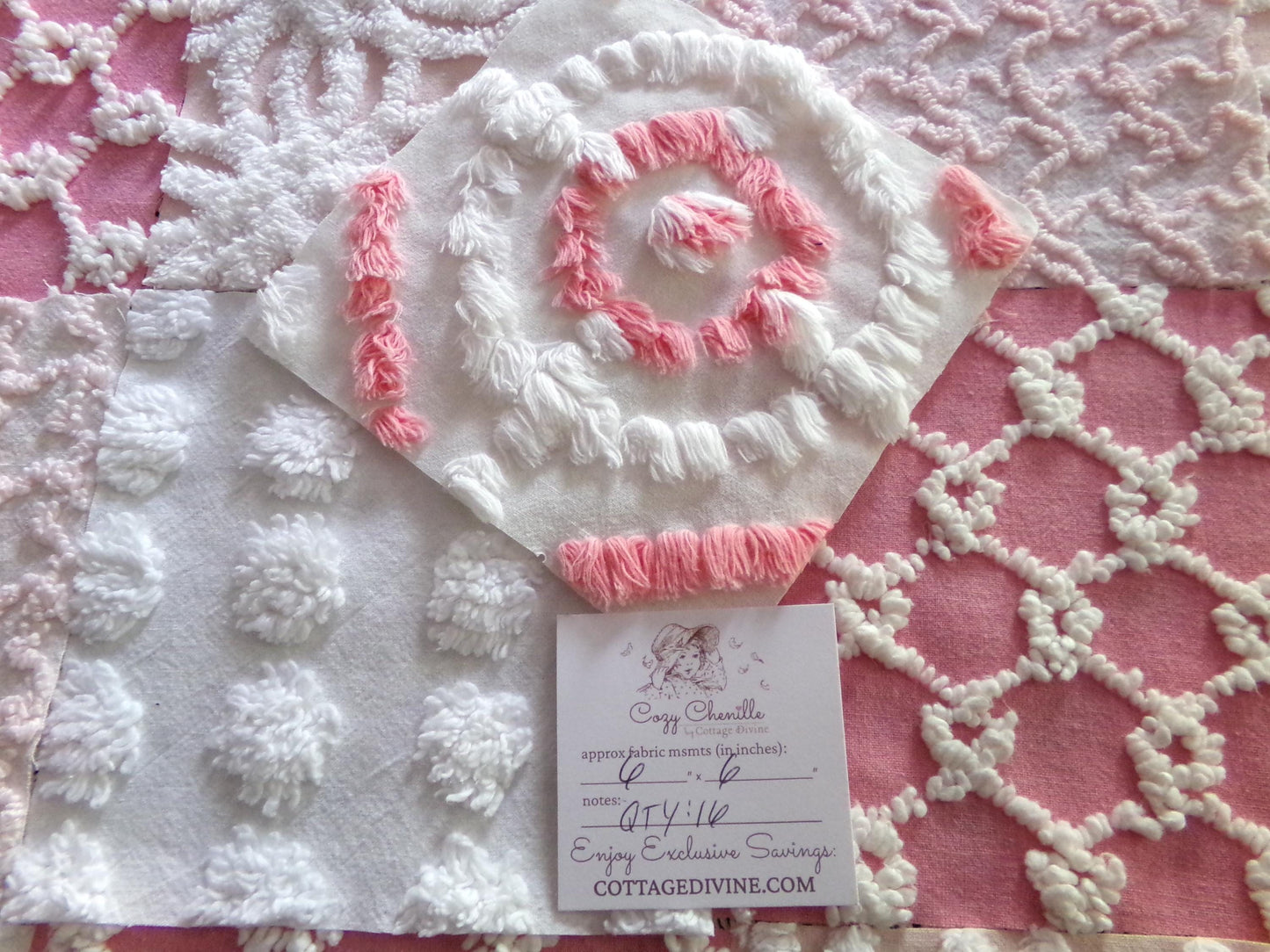 Spunky Pink Quilt Squares Set from Vintage Chenille Bedspread Fabric, 17 Blocks, 6" x 6" inch
