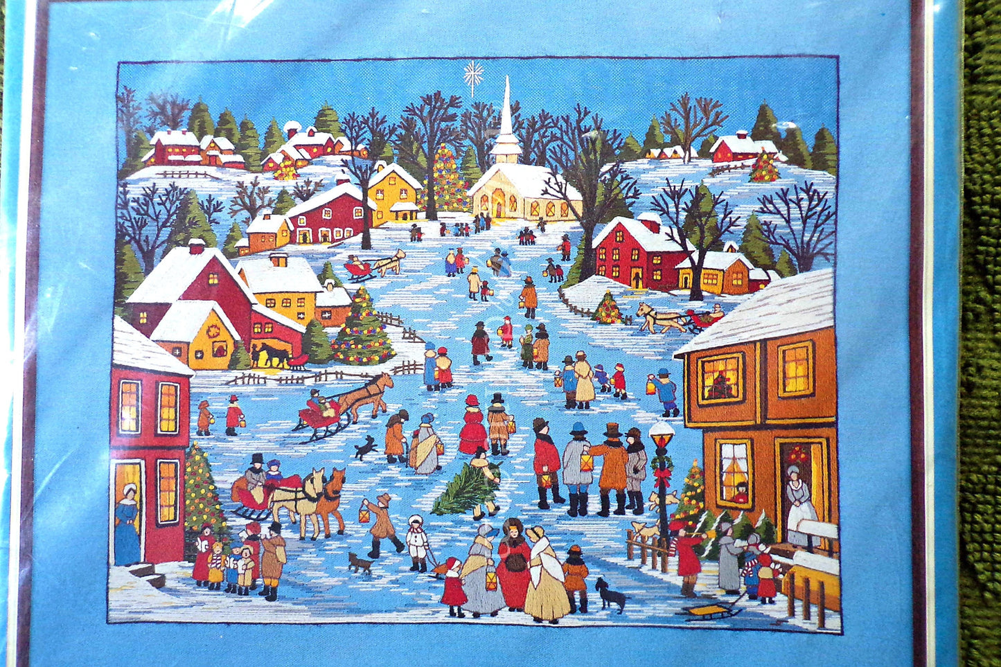 Christmas Primitive Crewel Stitchery Kit, Vintage Paragon Embroidery 6732, Country Village Winter Scene, Adele Veres