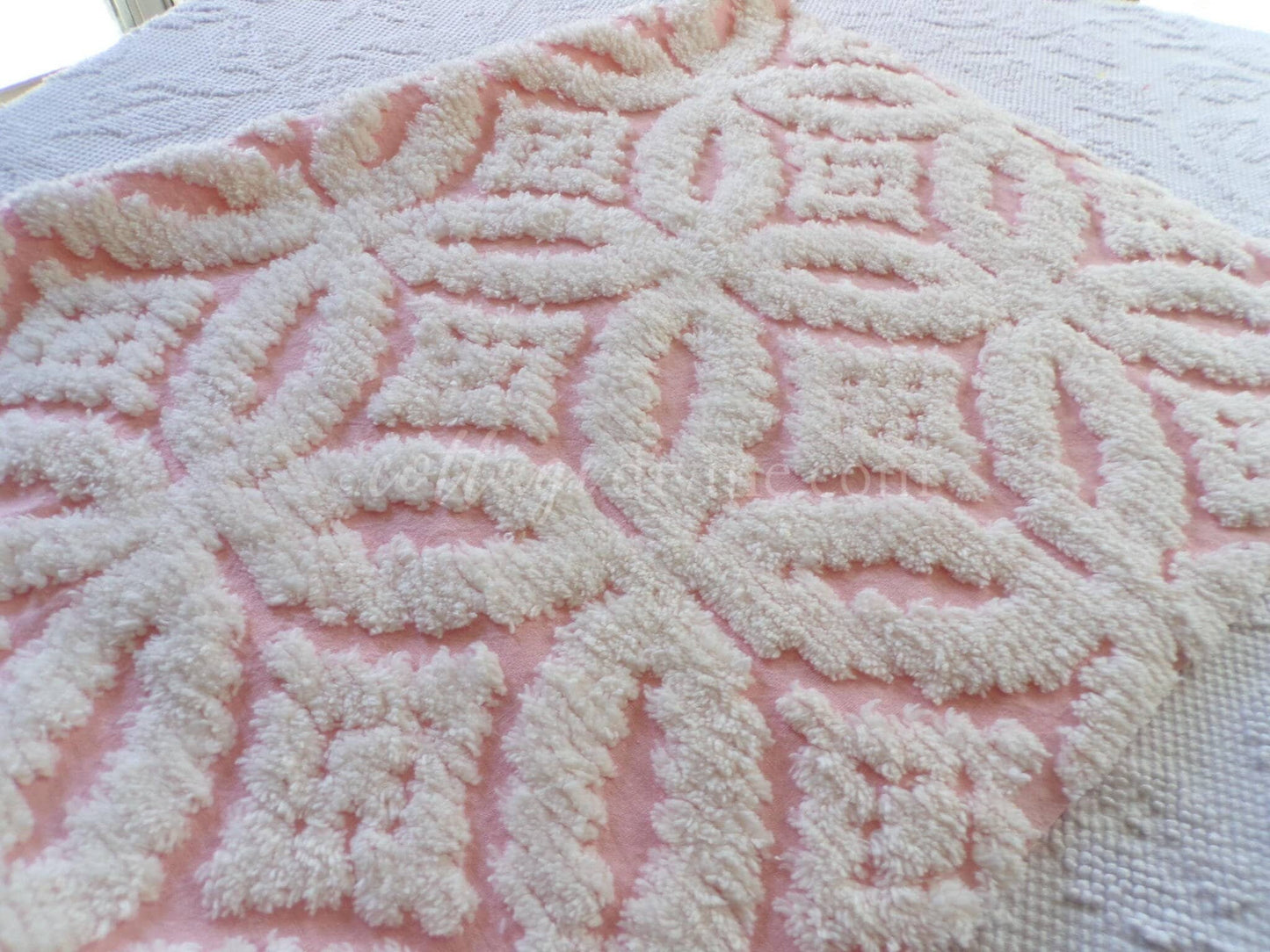 vintage chenille fabric, pink & white soft geometric design, 20" x 24" piece of sewing material