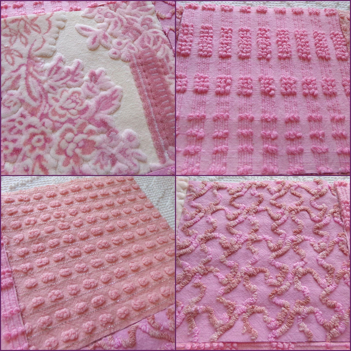 lux pink velvet & chenille fabric squares, set of 16 texturized vintage craft quilt blocks 6" inches for quilt inlays, pillows, fiber arts