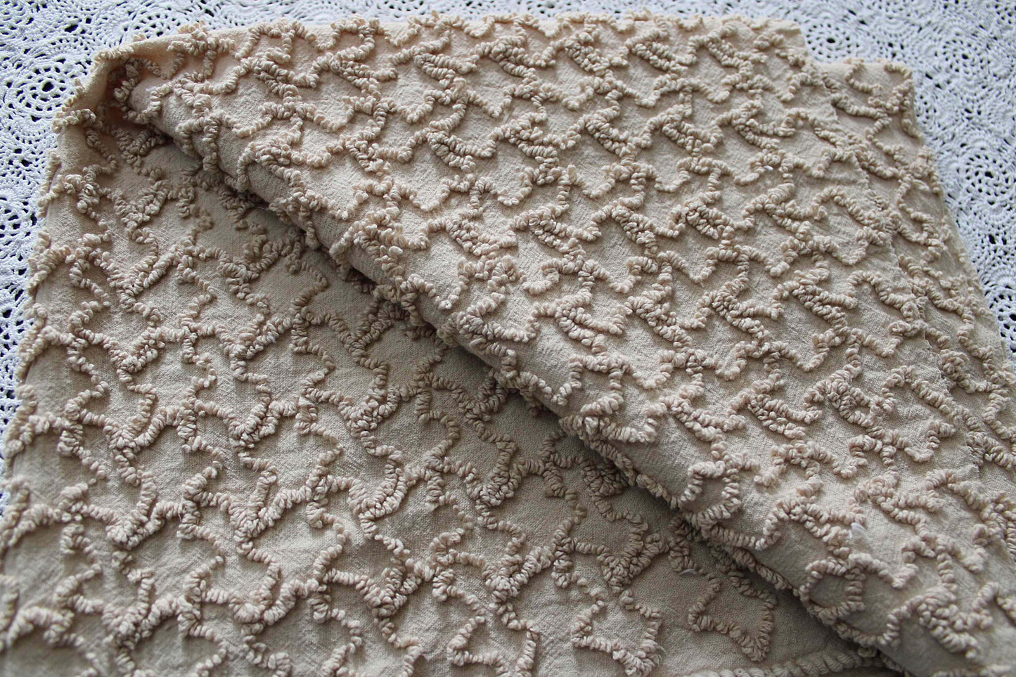 neutral vintage chenille fabric, sandy mocha texturized squiggles, 20" x 24" inch piece, 100% lightweight cotton