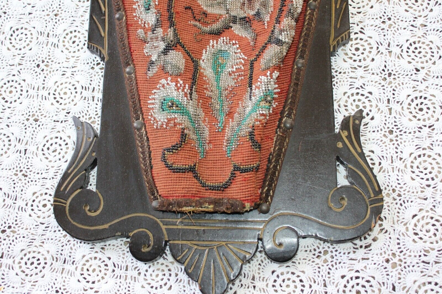 Rare Antique Ornate Victorian Eastlake 1881 Beaded Floral Wall Slipper Pocket