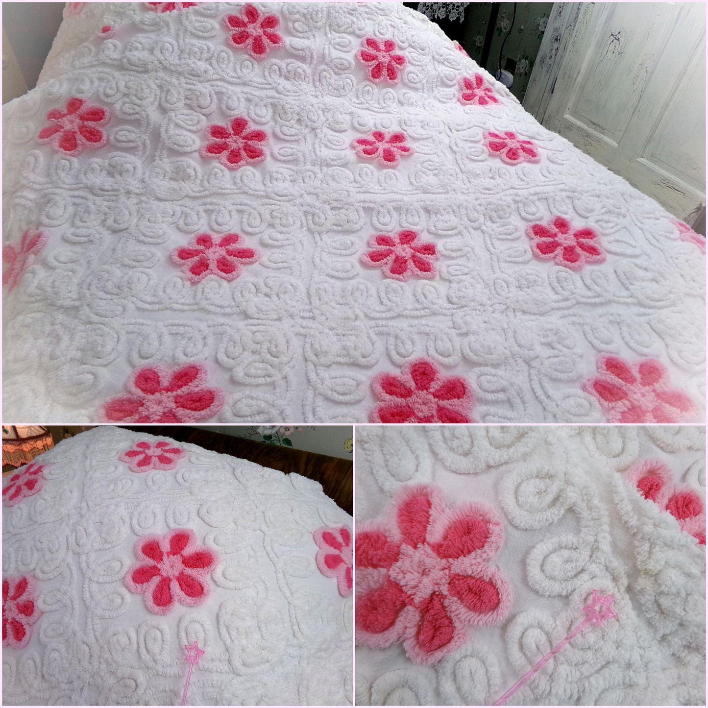 whimsical wonderland vintage chenille bedspread, pink roses in snowy white plush swirls, full size cotton bedding