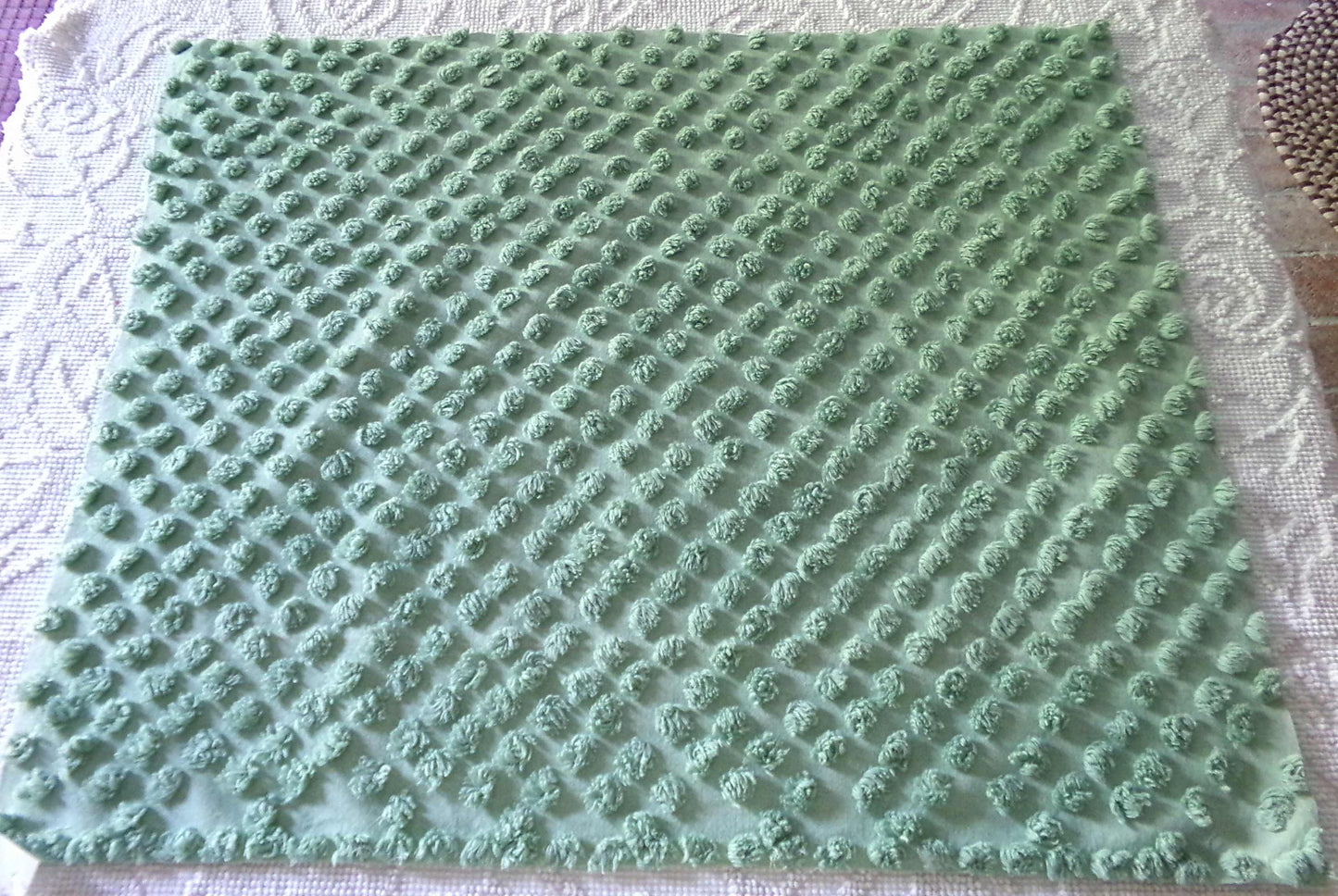 Vintage "Money Tree Green" Chenille Fabric, 20" x 25" inch Piece, Cute Puffy Dots, Great for Handmade Quilts, Crafts