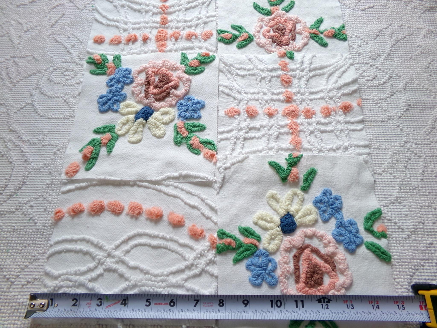 summer garden chenille fabric squares, set of 6 vintage 7.5" quilt blocks, peach, white rose floral & geometric for sewing, crafts, quilting