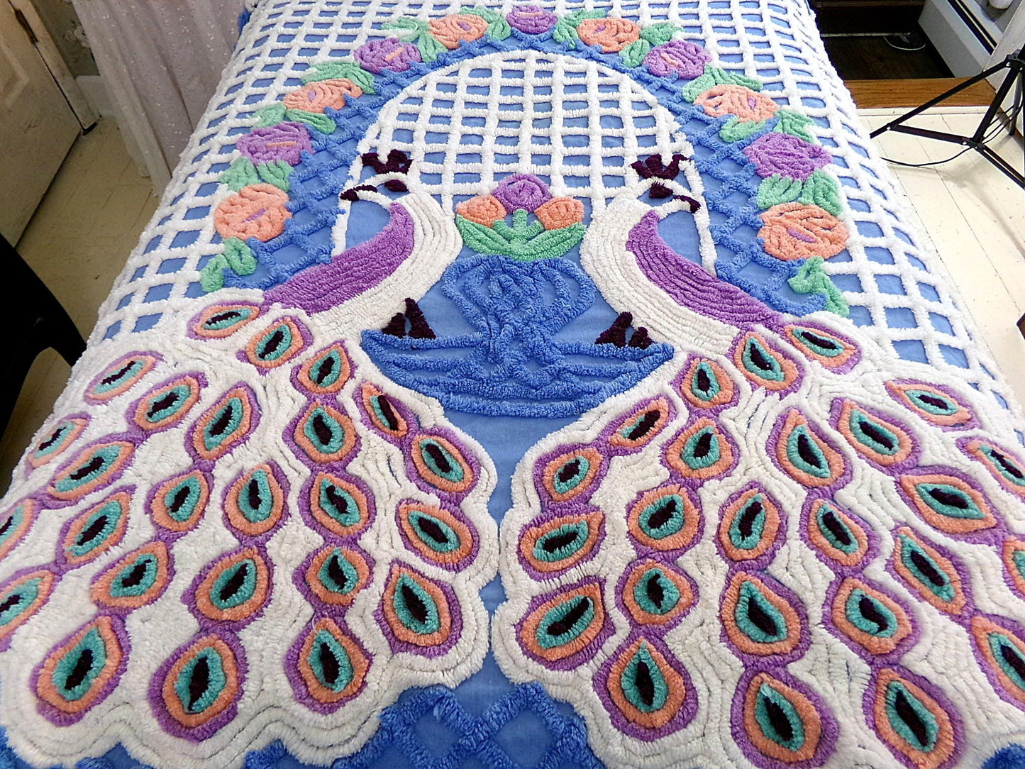 peacock vintage chenille bedspread, lovebirds under a sky blue flower garden trellis, luxury midcentury full size bedding