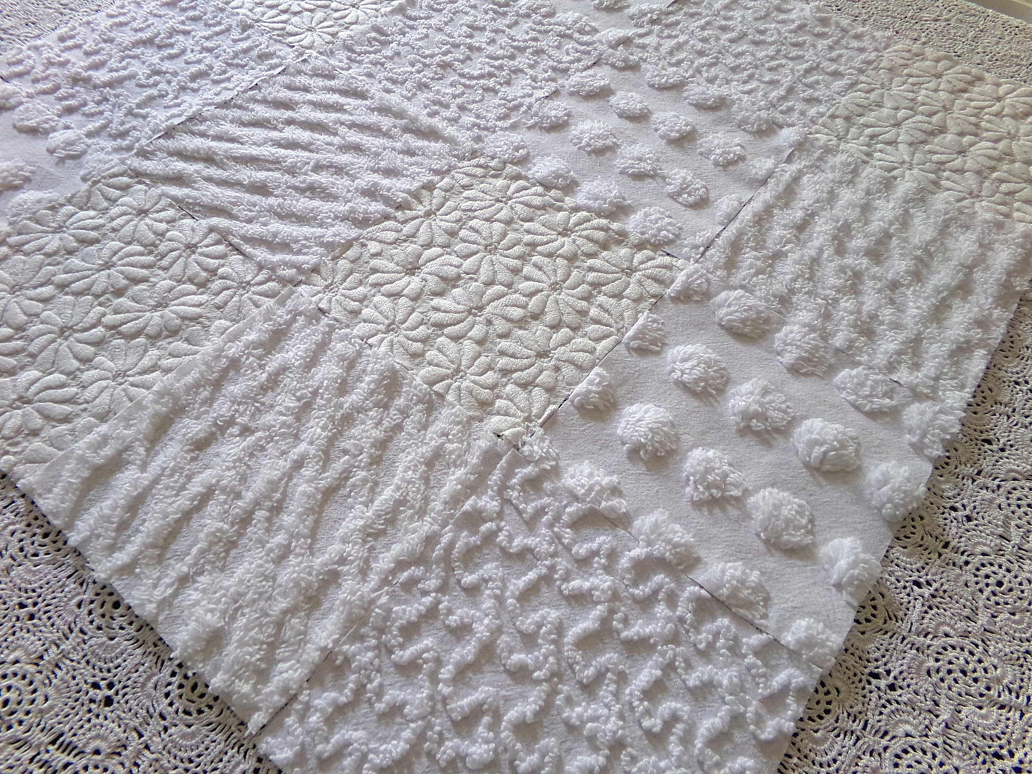 White Fabric Squares Cut from Vintage Woven & Chenille Bedspreads, *Daisies in Snow* Shades of White, 16 Quilt Blocks, 6" x 6" inch each