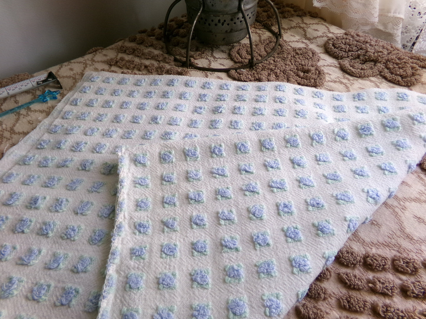 Miniature Blue Rosebuds Vintage Chenille Quilt Fabric, 12" x 29" inch Piece, Micro Roses on Lightweight Cotton