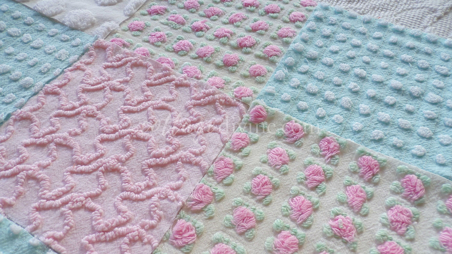 Classic Cottage Chic Chenille Quilt Squares Set from Vintage Bedspread Fabric, 16 Blocks, 6" x 6" inch, Pretty Pink Rosebud, Aqua & White