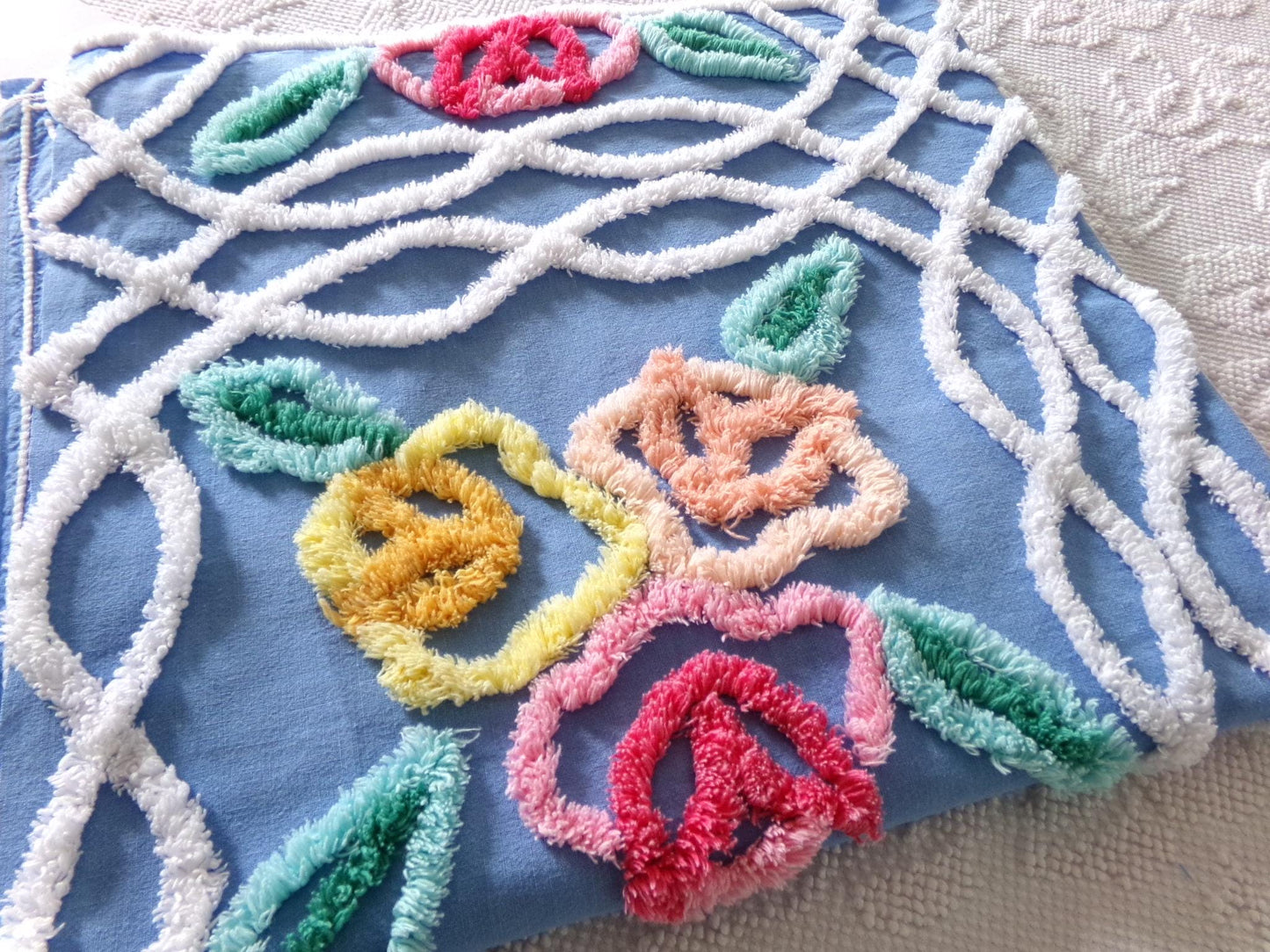 Seaside Summer Florals Blue Vintage Chenille Fabric, Pretty 30" x 26" inch piece